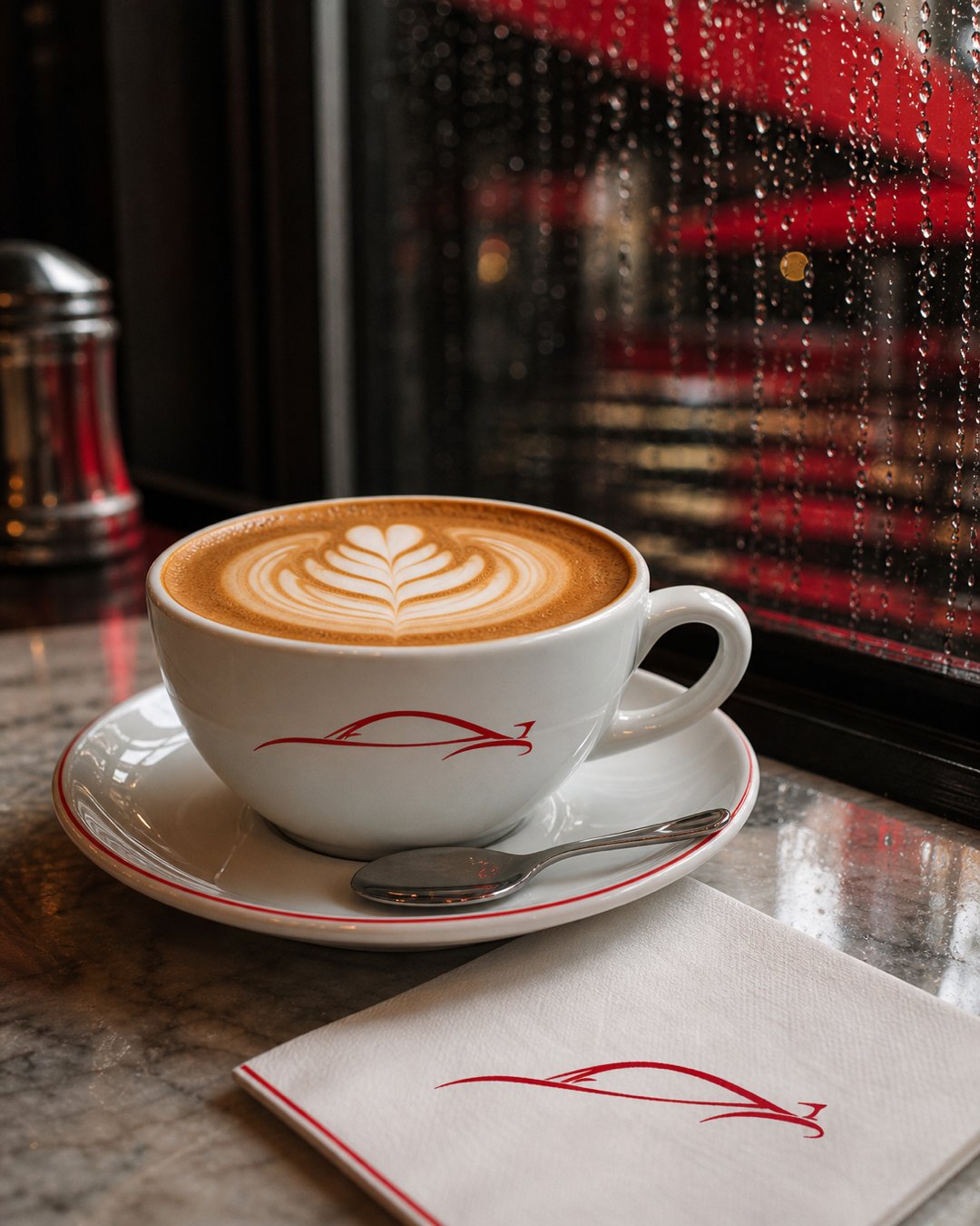 Branded latte cup beside rainy window