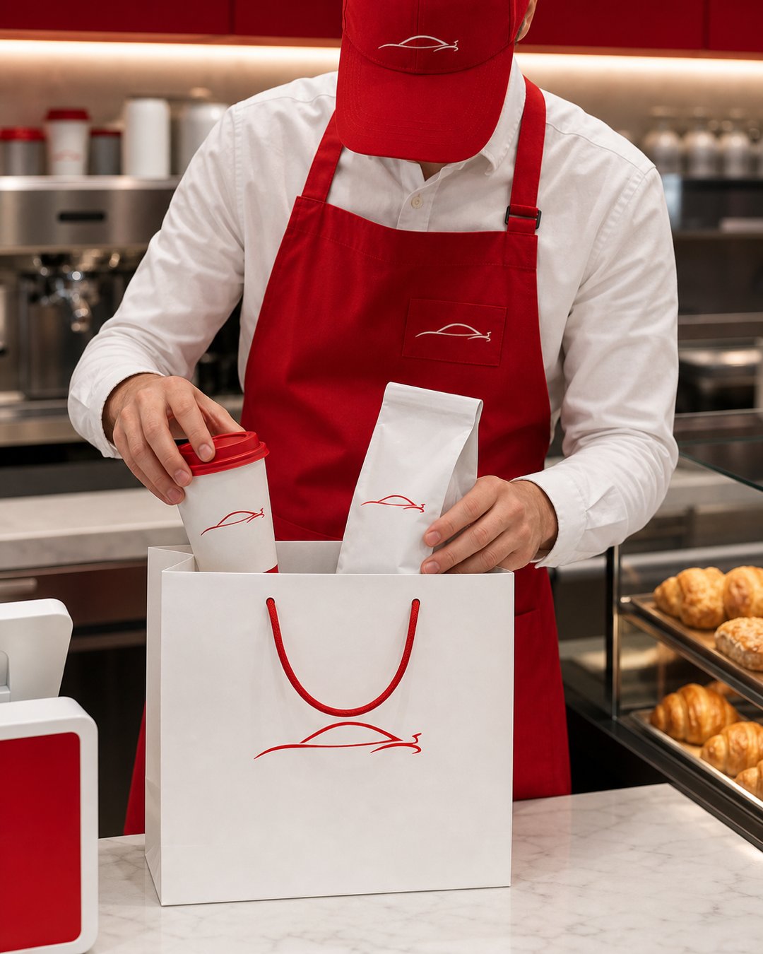 Worker in branded uniform at counter